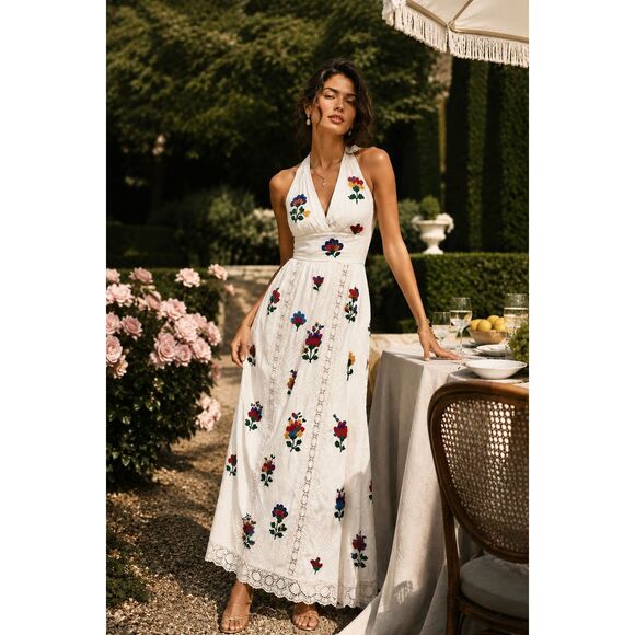 Vintage Dresses & Skirts - Vintage 70s Embroidered Floral Halter Maxi Dress Sz S Boho Cottage Garden